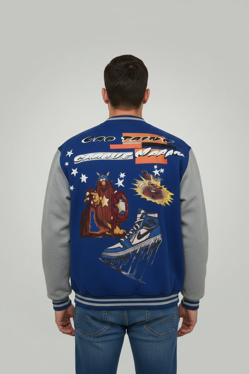 Captain CaveMan Blue and Gray Baseball Jacket Xl 100% Cotton Classic Toon