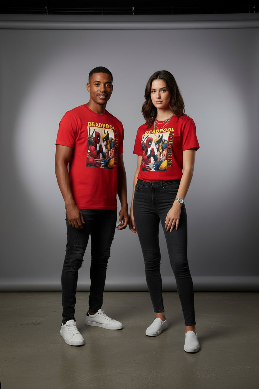 Red t-shirt with Deadpool Vs Wolverine Arm Wrestling graphic 