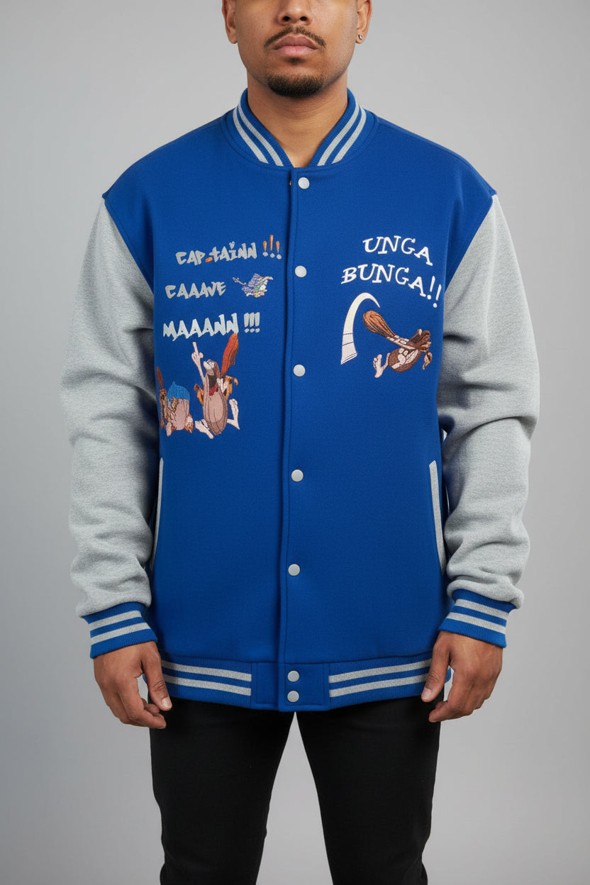 Captain CaveMan Blue and Gray Baseball Jacket Xl 100% Cotton Classic Toon