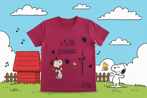 Pink t-shirt with graphics and text on a white background