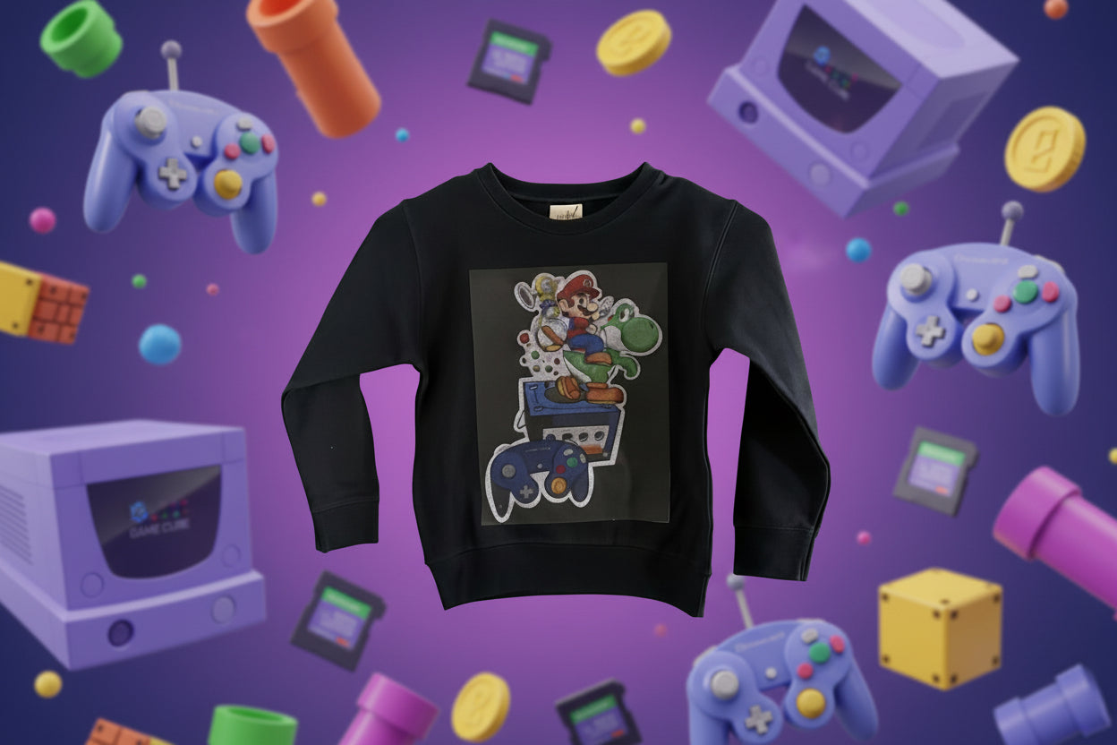 Kids Black sweatshirt S with colorful graphic design
