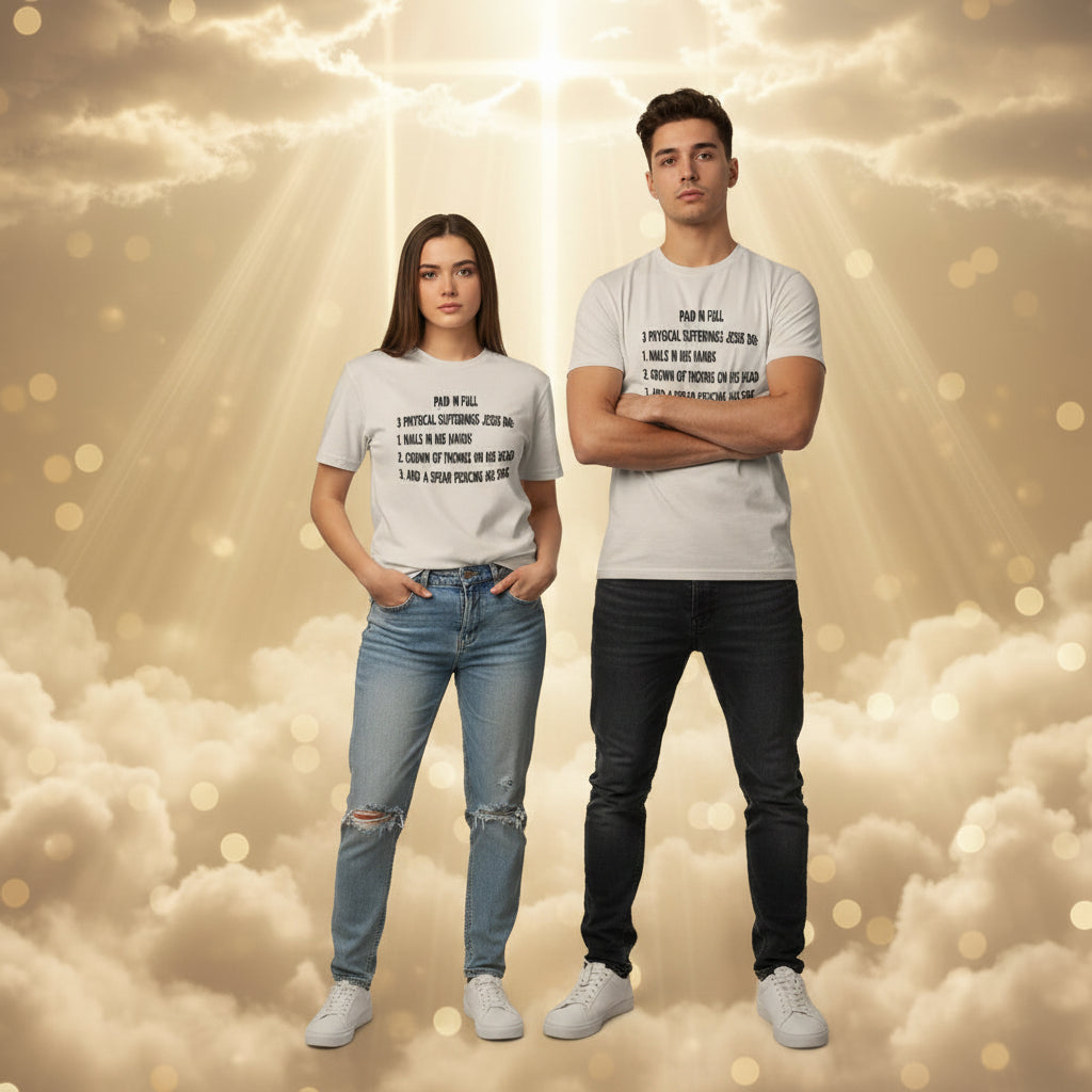 Tan t-shirt with black text 