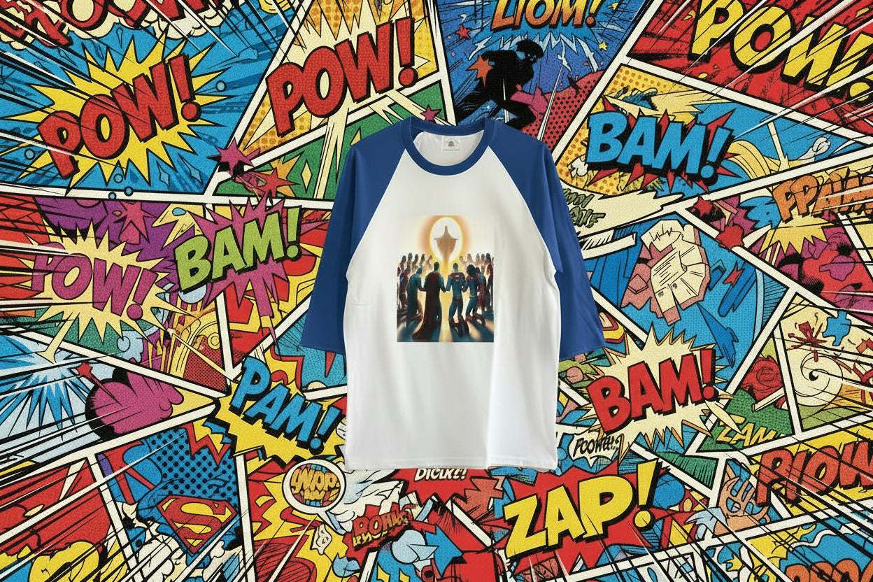 Baseball shirt with superhero praying graphic and blue sleeves