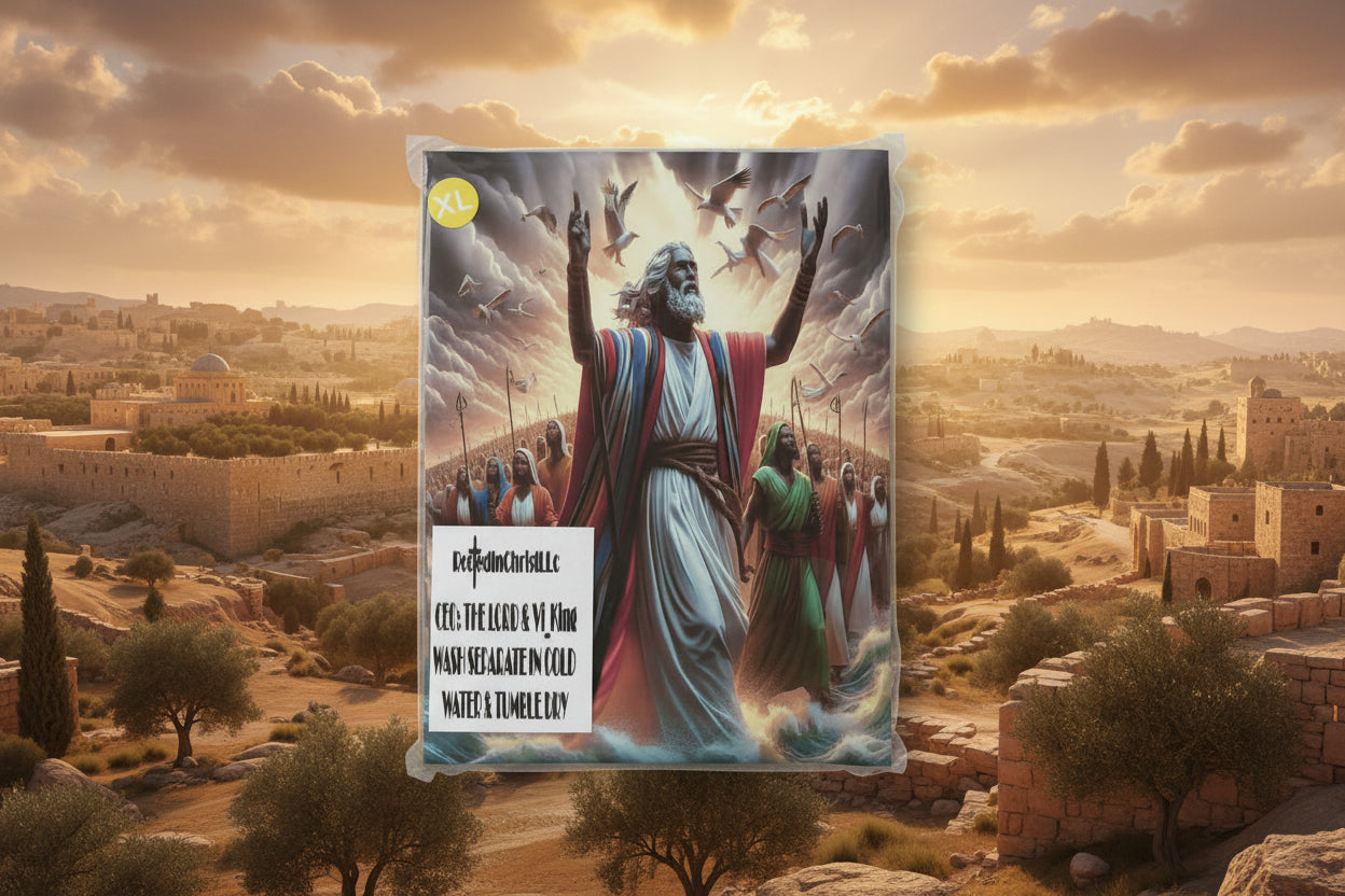 Packaged product with a religious-themed illustration of a leader and followers, on a reflective surface.
